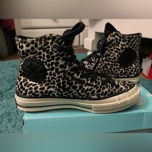 Black and white animal print 70s high top converse